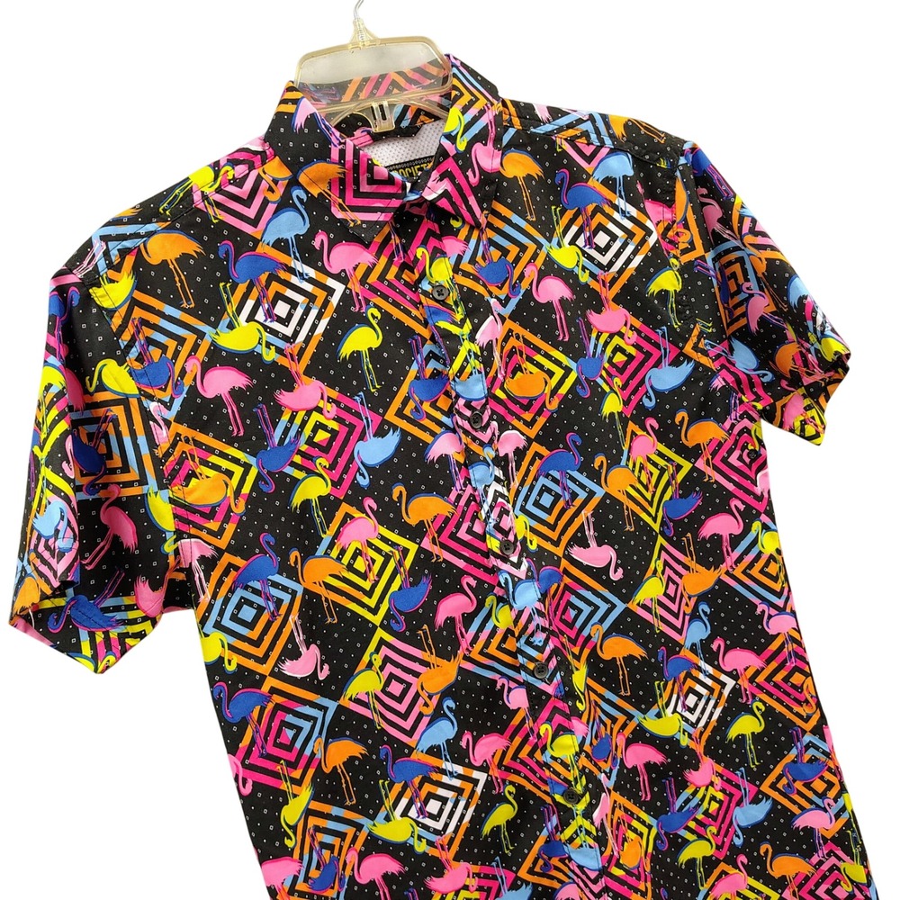 Surf Society Cyber Neon Mens M Flamingo Geometric Button Up Shirt Vented